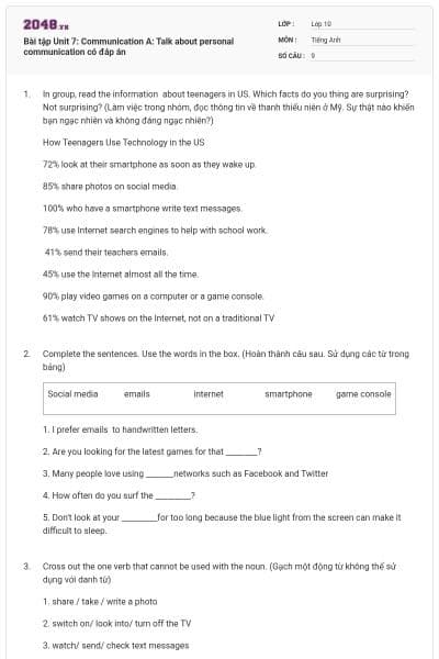 Bài tập Unit 7: Communication A: Talk about personal communication có đáp án