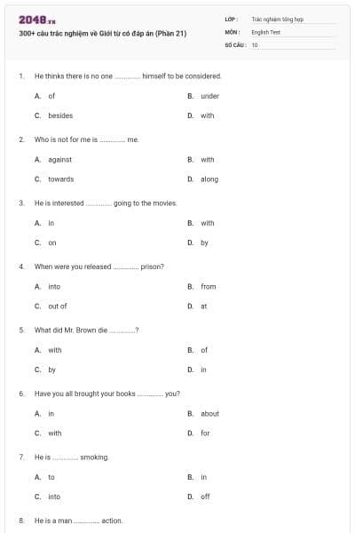 300+ câu trắc nghiệm về Giới từ có đáp án (Phần 21)