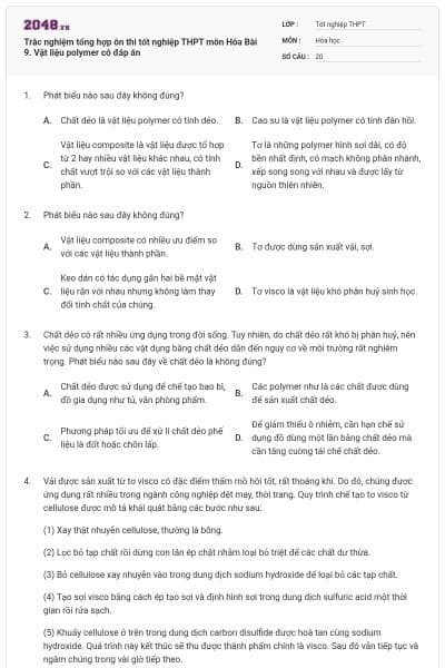Trắc nghiệm tổng hợp ôn thi tốt nghiệp THPT môn Hóa Bài 9. Vật liệu polymer có đáp án