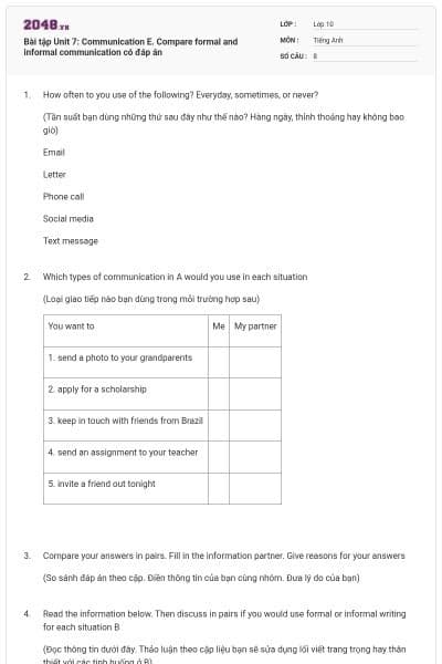 Bài tập Unit 7: Communication E. Compare formal and informal communication có đáp án