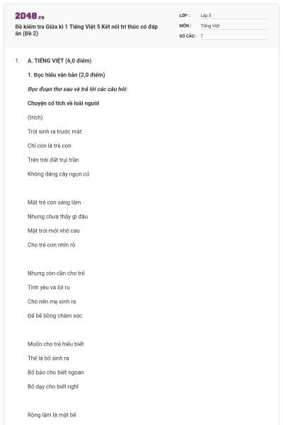 Đề kiểm tra Giữa kì 1 Tiếng Việt 5 Kết nối tri thức có đáp án (Đề 2)