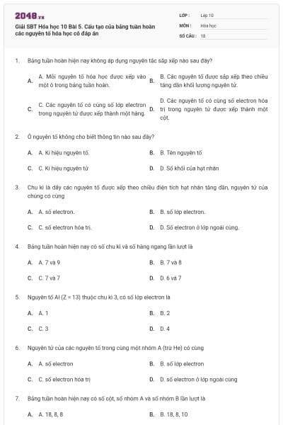 Giải SBT Hóa học 10 Bài 5. Cấu tạo của bảng tuần hoàn các nguyên tố hóa học có đáp án