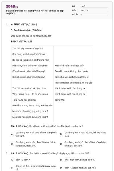 Đề kiểm tra Giữa kì 1 Tiếng Việt 5 Kết nối tri thức có đáp án (Đề 3)