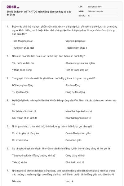 Bộ đề ôn luyện thi THPTQG môn Công dân cực hay có đáp án (P2)