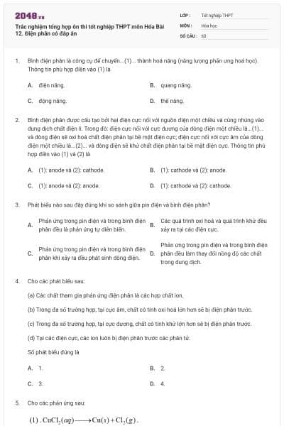 Trắc nghiệm tổng hợp ôn thi tốt nghiệp THPT môn Hóa Bài 12. Điện phân có đáp án
