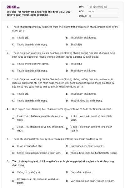 500 câu Trắc nghiệm tổng hợp Pháp chế dược Bài 2: Quy định về quản lý chất lượng có đáp án