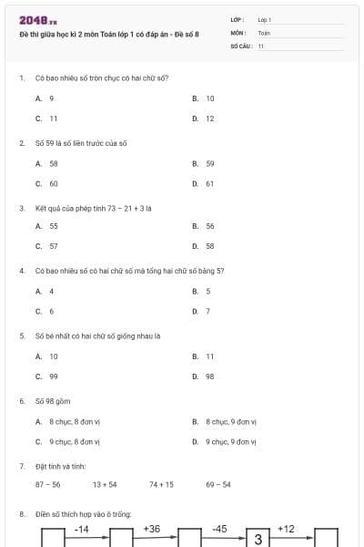 Đề thi giữa học kì 2 môn Toán lớp 1 có đáp án - Đề số 8