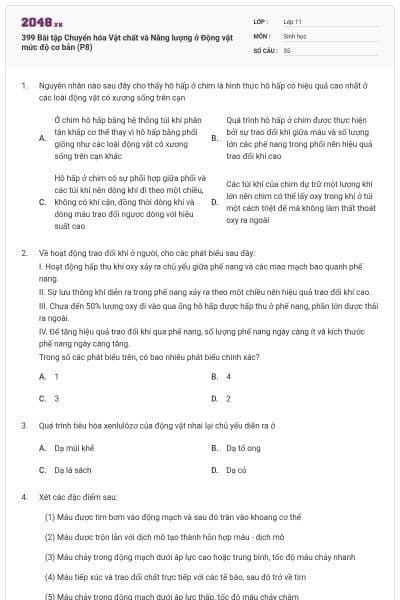 399 Bài tập Chuyển hóa Vật chất và Năng lượng ở Động vật mức độ cơ bản (P8)