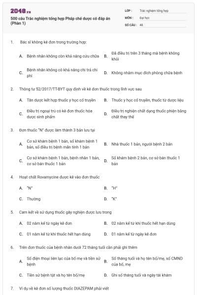 500 câu Trắc nghiệm tổng hợp Pháp chế dược có đáp án (Phần 1)
