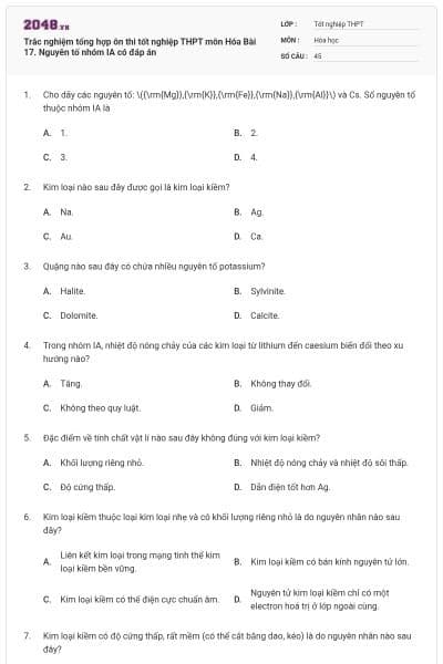 Trắc nghiệm tổng hợp ôn thi tốt nghiệp THPT môn Hóa Bài 17. Nguyên tố nhóm IA có đáp án