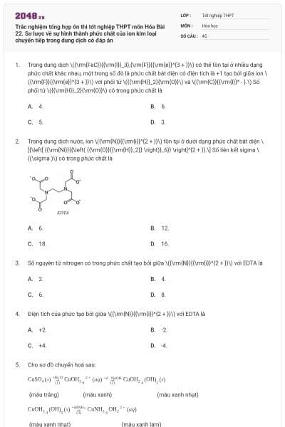 Trắc nghiệm tổng hợp ôn thi tốt nghiệp THPT môn Hóa Bài 22. Sơ lược về sự hình thành phức chất của ion kim loại chuyển tiếp trong dung dịch có đáp án