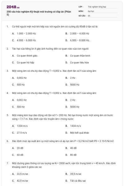 200 câu trắc nghiệm Kỹ thuật môi trường có đáp án (Phần 5)