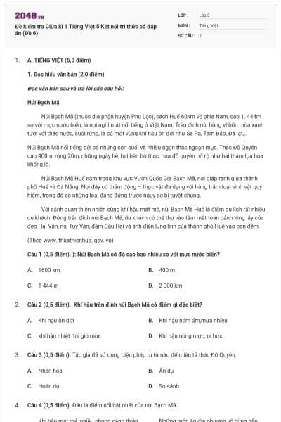 Đề kiểm tra Giữa kì 1 Tiếng Việt 5 Kết nối tri thức có đáp án (Đề 6)