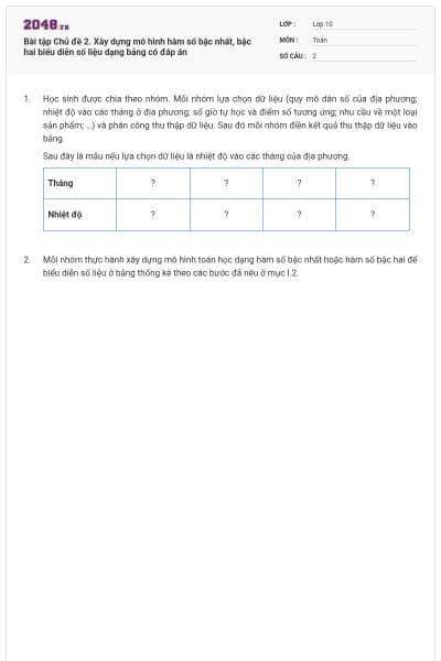 Bài tập Chủ đề 2. Xây dựng mô hình hàm số bậc nhất, bậc hai biểu diễn số liệu dạng bảng có đáp án