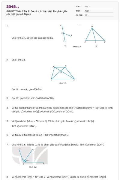 Giải SBT Toán 7 Bài 8: Góc ở vị trí đặc biệt. Tia phân giác của một góc có đáp án