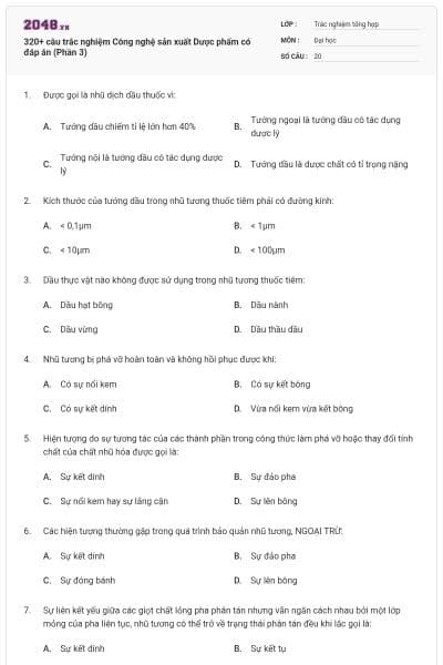 320+ câu trắc nghiệm Công nghệ sản xuất Dược phẩm có đáp án (Phần 3)