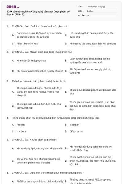 320+ câu trắc nghiệm Công nghệ sản xuất Dược phẩm có đáp án (Phần 8)