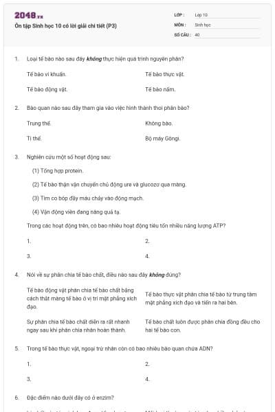 Ôn tập Sinh học 10 có lời giải chi tiết (P3)