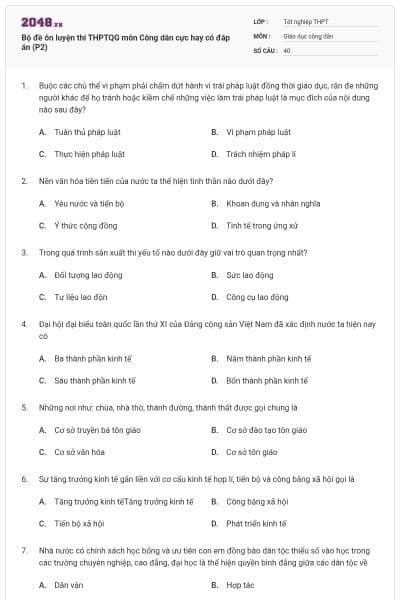Bộ đề ôn luyện thi THPTQG môn Công dân cực hay có đáp án (P2)