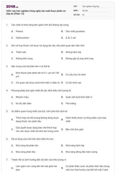 320+ câu trắc nghiệm Công nghệ sản xuất Dược phẩm có đáp án (Phần 13)
