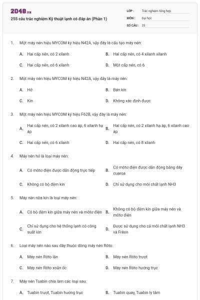 255 câu trắc nghiệm Kỹ thuật lạnh có đáp án (Phần 1)