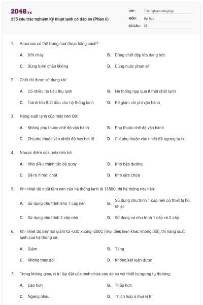 255 câu trắc nghiệm Kỹ thuật lạnh có đáp án (Phần 6)