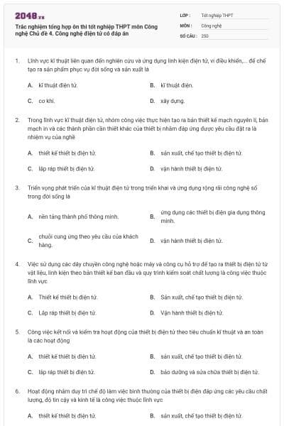 Trắc nghiệm tổng hợp ôn thi tốt nghiệp THPT môn Công nghệ Chủ đề 4. Công nghệ điện tử có đáp án