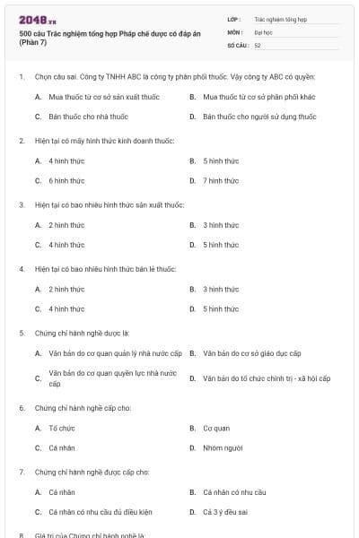 500 câu Trắc nghiệm tổng hợp Pháp chế dược có đáp án (Phần 7)