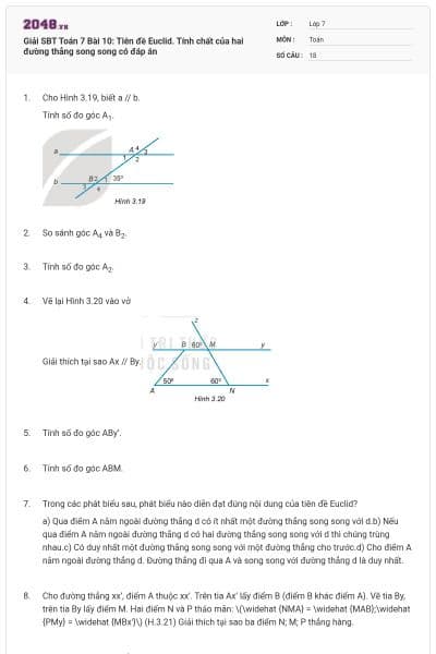 Giải SBT Toán 7 Bài 10: Tiên đề Euclid. Tính chất của hai đường thẳng song song có đáp án