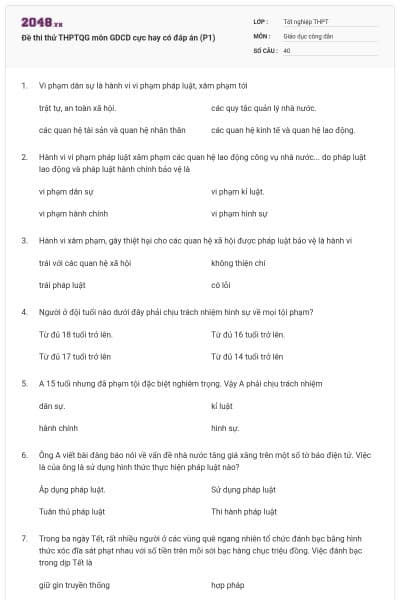 Đề thi thử THPTQG môn GDCD cực hay có đáp án (P1)