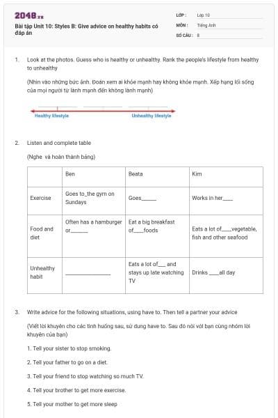 Bài tập Unit 10: Styles B: Give advice on healthy habits có đáp án