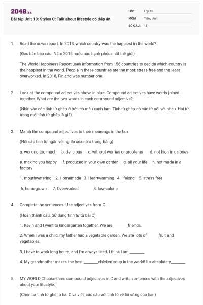 Bài tập Unit 10: Styles C: Talk about lifestyle có đáp án