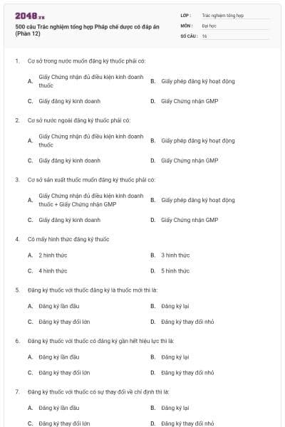 500 câu Trắc nghiệm tổng hợp Pháp chế dược có đáp án (Phần 12)