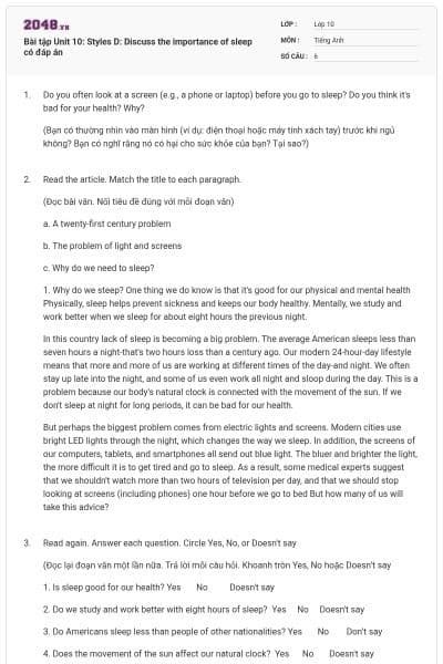 Bài tập Unit 10: Styles D: Discuss the importance of sleep có đáp án