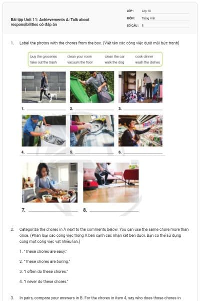 Bài tập Unit 11: Achievements A: Talk about responsibilities có đáp án