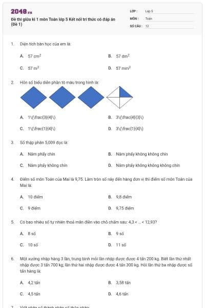 Đề thi giữa kì 1 môn Toán lớp 5 Kết nối tri thức có đáp án (Đề 1)