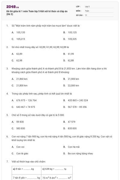 Đề thi giữa kì 1 môn Toán lớp 5 Kết nối tri thức có đáp án (Đề 3)