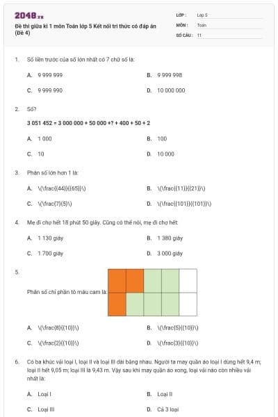 Đề thi giữa kì 1 môn Toán lớp 5 Kết nối tri thức có đáp án (Đề 4)