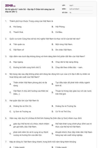 Đề thi giữa kì 1 môn Sử - Địa lớp 5 Chân trời sáng tạo có đáp án (Đề 1)