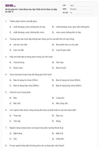 Đề thi giữa kì 1 môn Khoa học lớp 5 Kết nối tri thức có đáp án (Đề 1)