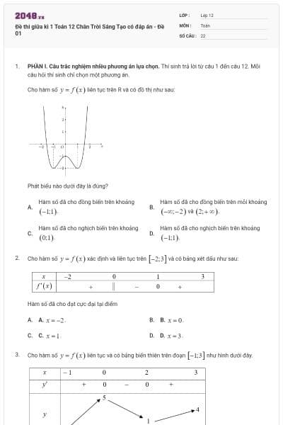Đề thi giữa kì 1 Toán 12 Chân Trời Sáng Tạo có đáp án - Đề 01