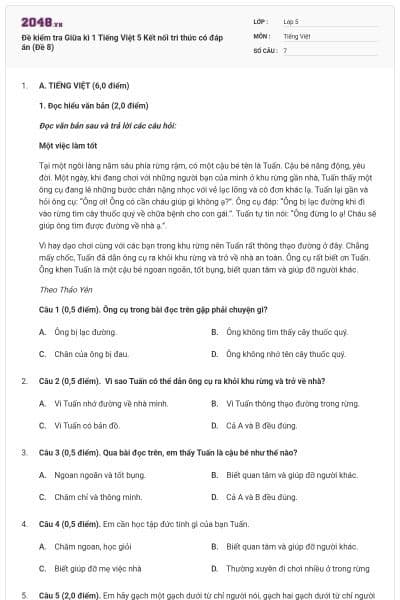 Đề kiểm tra Giữa kì 1 Tiếng Việt 5 Kết nối tri thức có đáp án (Đề 8)