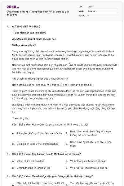 Đề kiểm tra Giữa kì 1 Tiếng Việt 5 Kết nối tri thức có đáp án (Đề 9)