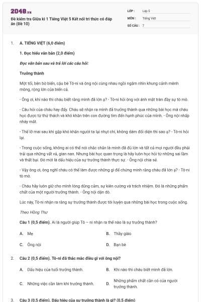 Đề kiểm tra Giữa kì 1 Tiếng Việt 5 Kết nối tri thức có đáp án (Đề 10)