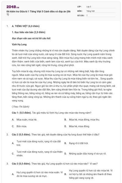 Đề kiểm tra Giữa kì 1 Tiếng Việt 5 Cánh diều có đáp án (Đề 1)