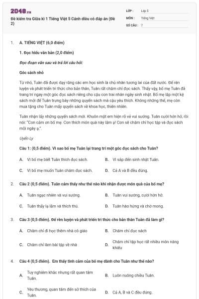 Đề kiểm tra Giữa kì 1 Tiếng Việt 5 Cánh diều có đáp án (Đề 2)