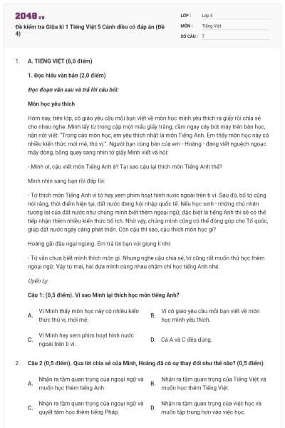 Đề kiểm tra Giữa kì 1 Tiếng Việt 5 Cánh diều có đáp án (Đề 4)