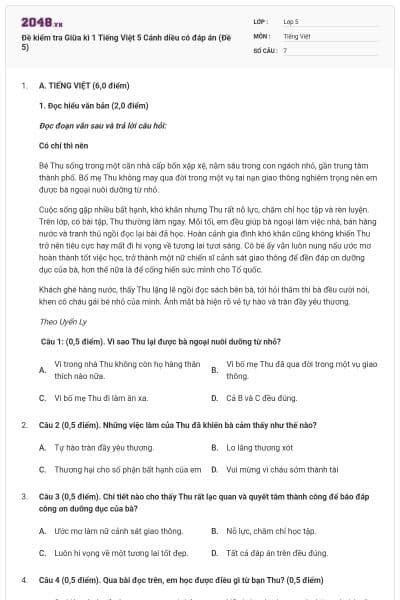 Đề kiểm tra Giữa kì 1 Tiếng Việt 5 Cánh diều có đáp án (Đề 5)