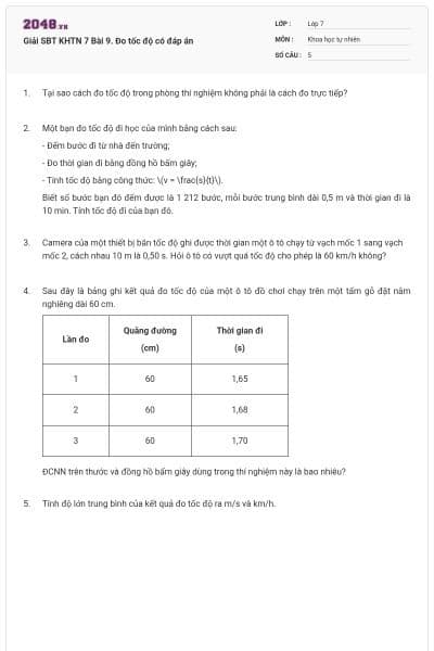 Giải SBT KHTN 7 Bài 9. Đo tốc độ có đáp án