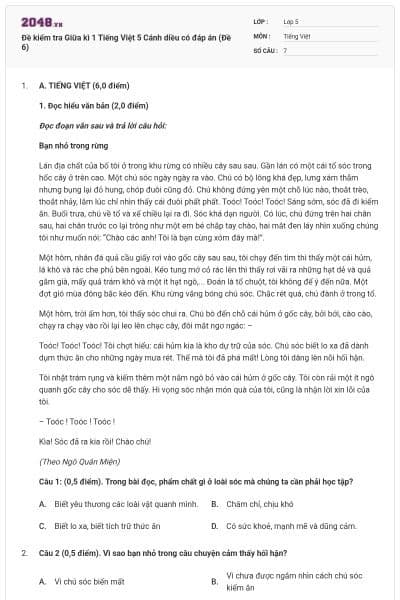 Đề kiểm tra Giữa kì 1 Tiếng Việt 5 Cánh diều có đáp án (Đề 6)